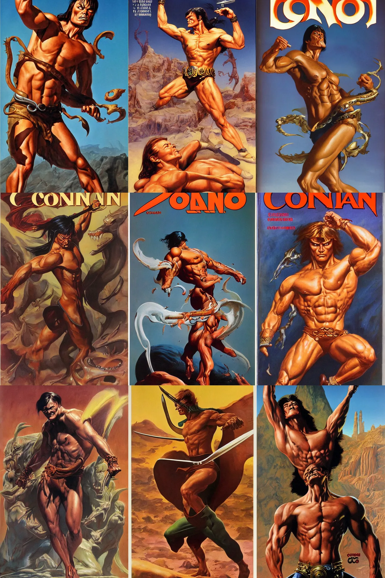 Prompt: Conan by Boris Vallejo, glossy magazine cover