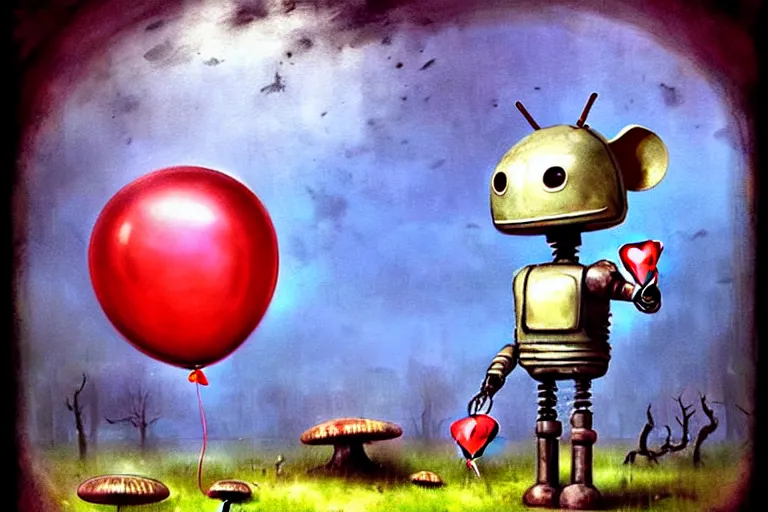 Prompt: adventurer. 1 9 5 0 s retro future robot android mouse holding a red balloon. muted colors. spooky swamp mushrooms island, lillie pads. by jean baptiste monge!!!!!!!!!!!!!!!!!!!!!!!!! chrome red
