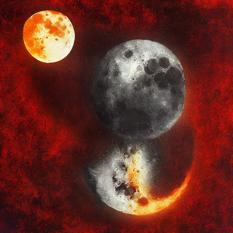 Prompt: fetal moon with a fanged devouring moon sharp fangs streaming blood bestial moon horror, award winning oil painting digital art, chromatic aberration