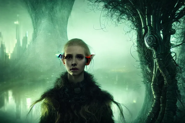 Image similar to an ultra realistic, cinematic, fantasy, headshot portrait, of an elden ring elf, fairy lights, facial features, background of a vast dystopian cityscape, with trees and neon lights, detailed, deep focus, movie still, dramatic lighting, ray tracing, by michal karcz and yoshitaka amano