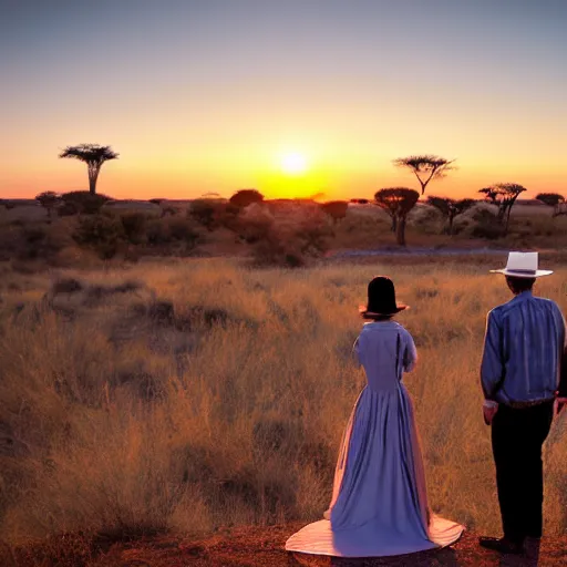 Prompt: a couple of a man and a woman dressed in goyesques looking back at the african savannah at sunset. in the background on the left the ship enterprise approaches. national geographic photography style.