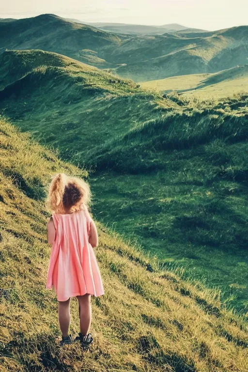 Image similar to a girl enjoying the wind in the edge of a hill, beautiful landscape, aesthetic