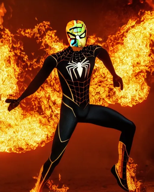 Image similar to photograph of a black and gold suit spider - man stood infront of a blazing inferno, dslr, cinematic, volumetric lighting, 8 k resolution, photorealistic