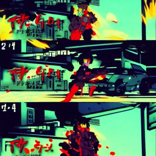 Prompt: 1991 Video Game Screenshot, Anime Neo-tokyo Cyborg bank robbers vs police shootout, bags of money, Police officer hit, Bullet Holes and Blood Splatter, Cyberpunk, Anime VFX, Violent, Action, MP5S, FLCL, Highly Detailed, 8k :4 by Katsuhiro Otomo + Studio Gainax + Arc System Works : 8