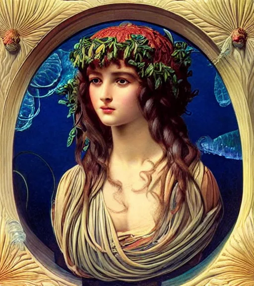 Prompt: portrait of a gorgeous sublime young goddess of the jellyfish, beautiful eyes, clear lines, bright colours, detailed painting by john william godward and ernst haeckel and james jean