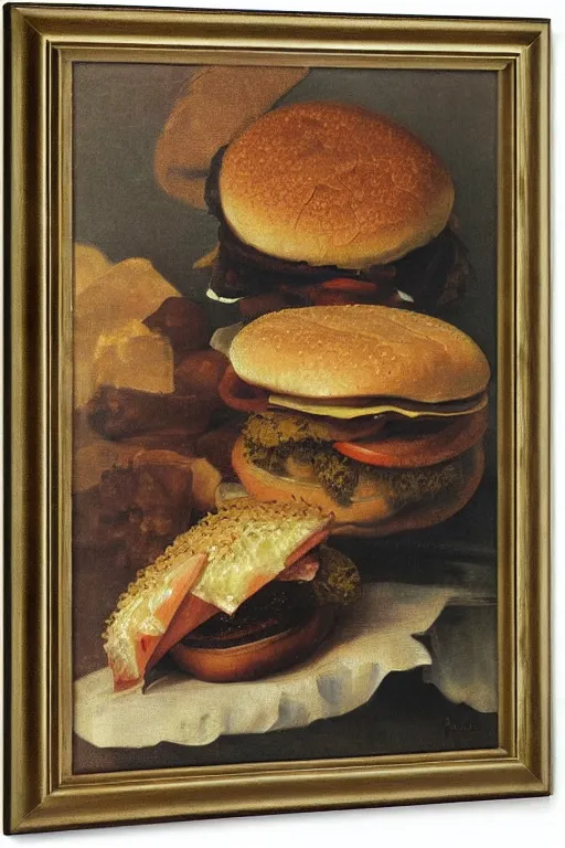 Prompt: still, oil painting, hamburger and french fried by rembrant