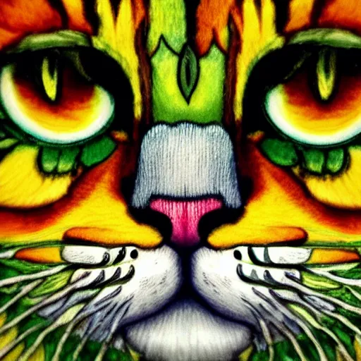 Image similar to colourful green man as a cat face by louis wain and william morris, extreme closeup, 8 k, artstation