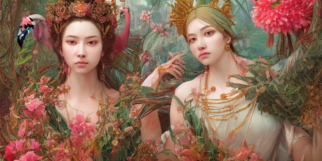 Image similar to breathtaking detailed concept art painting of the goddess of flamingo, orthodox saint, with anxious, piercing eyes, ornate background, amalgamation of leaves and flowers, by Hsiao-Ron Cheng and John James Audubon, extremely moody lighting, 8K