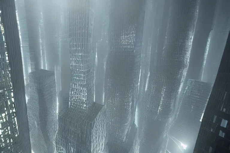 Prompt: a complex organic fractal 3 d ceramic megastructure skyscraper, cinematic shot, foggy, 3 point lighting, photo still from movie by denis villeneuve