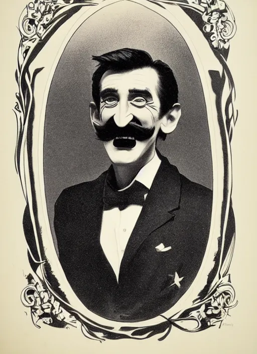 Prompt: Barry Chuckle is the most rootinest, tootinest sheriff of the old West. Lithograph 1889