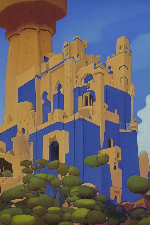 Image similar to view of the mysterious blue tower in its gardens after a storm, tall windows, beautiful moorish ornament, dramatic cinematic lighting, rich colors, by Nicholas Roerich and Sylvain Sarrailh and Ludwig Deutsch and April Gornik