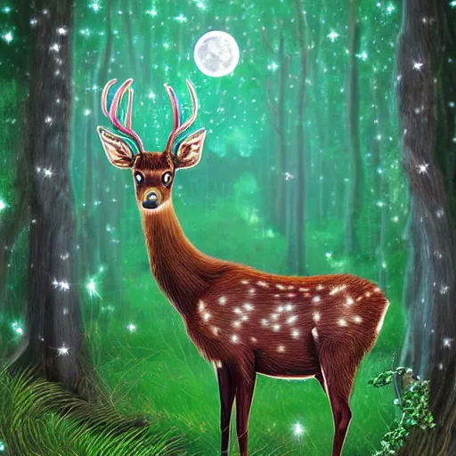 Image similar to A mystic deer with majestic antlers in an enchanted forest. Moonlight. Fireflies. Celtic fantasy style. Digital art.