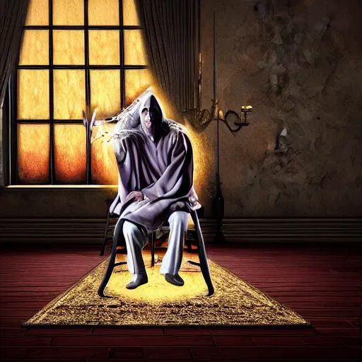 Image similar to wizard with a robe using telekinesis on a chair, realistic digital art, magical, award winning