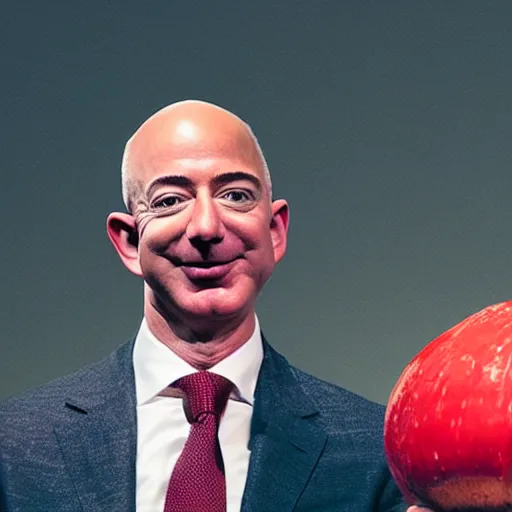 Image similar to portrait photo of jeff bezos finding a giant red mushroom, exhilarated, portrait, closeup. mouth open, 30mm, bokeh