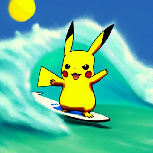 Image similar to pikachu surfing on a wave made of green slime, pokemon tcg image, trending on artstation