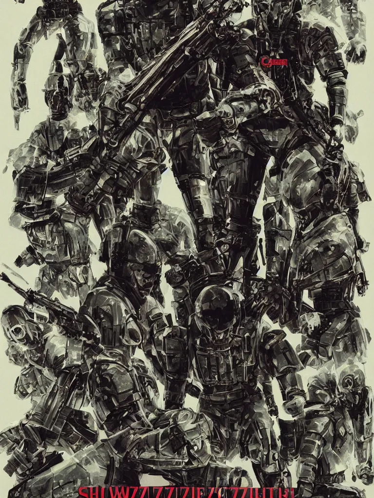 Image similar to Poster for the Movie Schwartzlicht,about Chinese Russian Zombie Troopers Designed By Yasushi Nirasawa battle Japanese America Cyborgs Designed by Syd Mead and Giger, 1970s style, very detailed bold text says: Schwarzlicht