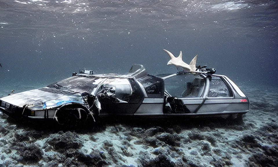 Prompt: photo of a delorean swimming underwater with sharks