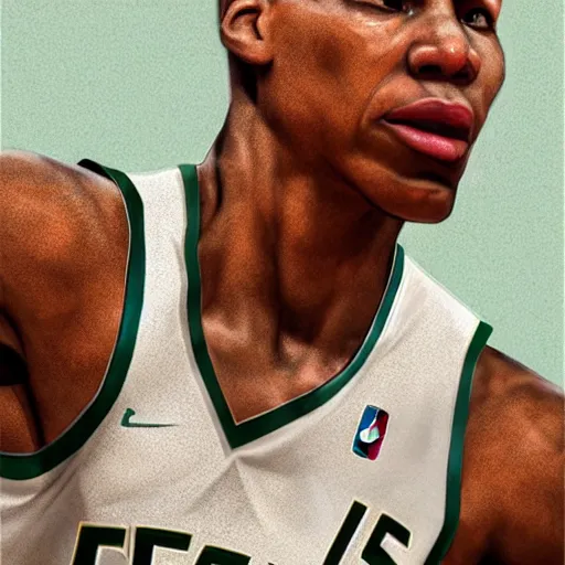 Prompt: giannis antetokounmpo, 3 d character art, wearing basketball jersey, symmetrical facial features, from arknights, hyper realistic, 4 k, rule of thirds, extreme detail, detailed drawing, trending artstation, realistic lighting, by alphonse mucha, greg rutkowski, short neck