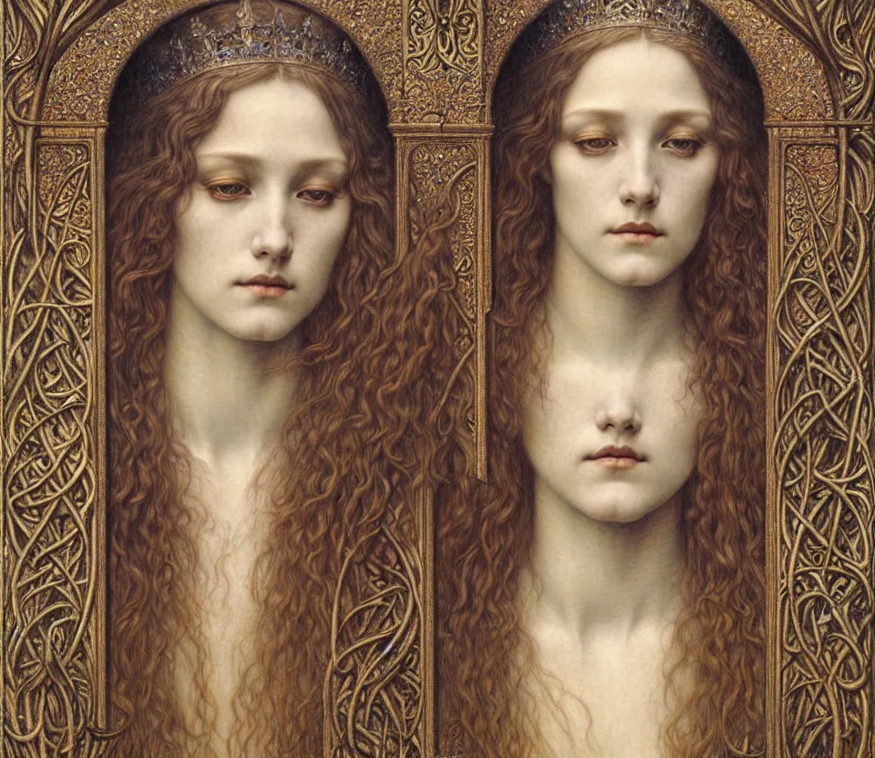 Image similar to detailed realistic beautiful young medieval queen face portrait by jean delville, gustave dore and marco mazzoni, art nouveau, symbolist, visionary, gothic, pre - raphaelite. horizontal symmetry