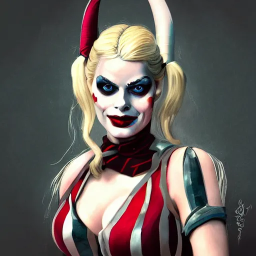 Image similar to Margot Robbie dressed as Medieval Harley Quinn, portrait, playful, fantasy, medieval, beautiful face, vivid colrs, elegant, concept art, sharp focus, digital art, Hyper-realistic, 4K, Unreal Engine, Highly Detailed, HD, Dramatic Lighting by Brom, trending on Artstation,