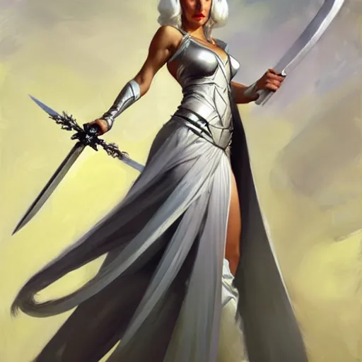 Prompt: greg manchess painting of queen of zokra, silver white hair, long gown, sorceress sword, soft lighting, trending on artstation, by huang guangjian and gil elvgren and sachin teng