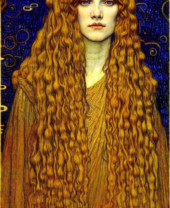 Image similar to detailed realistic beautiful young medieval queen face portrait by jean delville, gustav klimt and vincent van gogh, art nouveau, symbolist, visionary, gothic, pre - raphaelite, muted earthy colors, desaturated