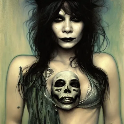 Image similar to beautiful portrait of vanessa hudgens as death from sandman, smiling, by cedric peyravernay, alphonse mucha, by jeremy mann, by lecouffe deharme, goth chic, soft lightning, eyeliner, punk rock, high detailed, 8 k