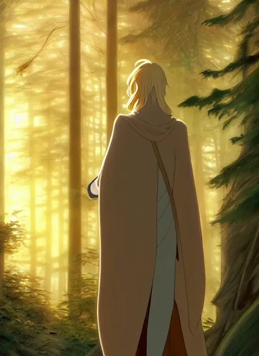 Image similar to slender young man with shoulder length shiny and sparkling golden blond hair, from behind, wearing a travelling cloak, lost in a forest, natural lighting, path traced, highly detailed, high quality, digital painting, by don bluth and ross tran and studio ghibli and alphonse mucha, artgerm
