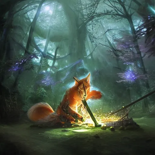 Image similar to Kitsune playing Harp in magical forest, magic the gathering artwork, D&D, fantasy, cinematic lighting, centered, symmetrical, highly detailed, digital painting, artstation, concept art, smooth, sharp focus, illustration, volumetric lighting, epic Composition, 8k, art by Akihiko Yoshida and Greg Rutkowski and Craig Mullins, heroic pose, oil painting, cgsociety