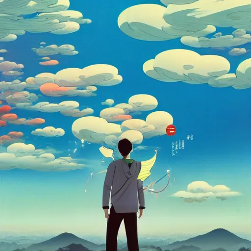 Image similar to a man walking on clouds above kyoto by takashi murakami, beeple and james jean, aya takano color style, 4 k, super detailed