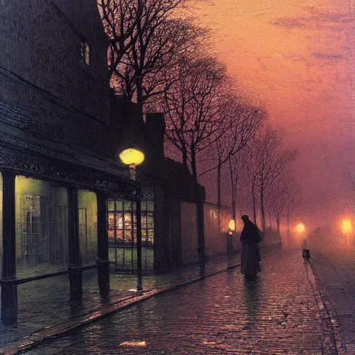 Prompt: street at sunset, by Atkinson Grimshaw John