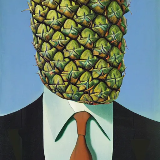 Image similar to portrait of a man in a suit with a pineapple in front of his face, painting by rene magritte, high detail, high resolution