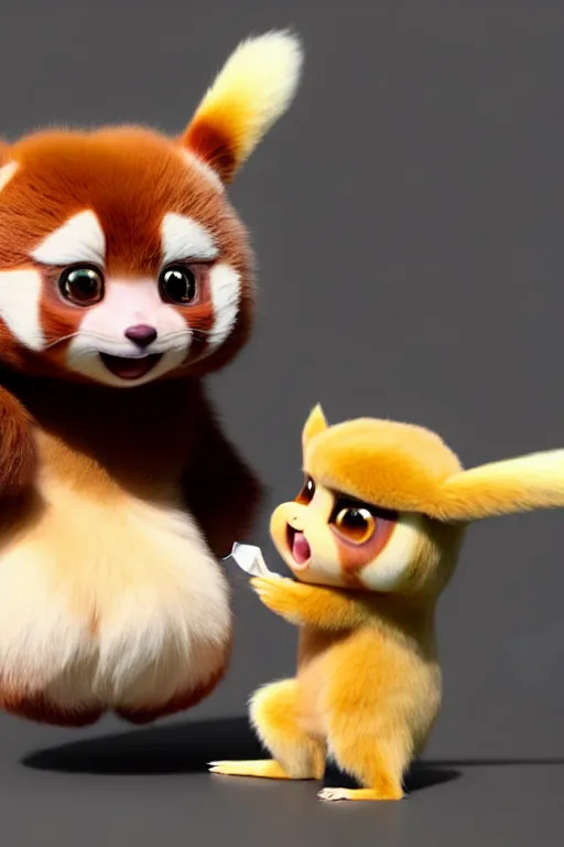 Image similar to high quality 3 d render hyperrealist very cute pastel fluffy! red panda & tarsier hybrid eating giant ice cream full body, vray smooth, in the style of detective pikachu, charlie immer, very dramatic light, low angle, uhd 8 k, shallow depth or field