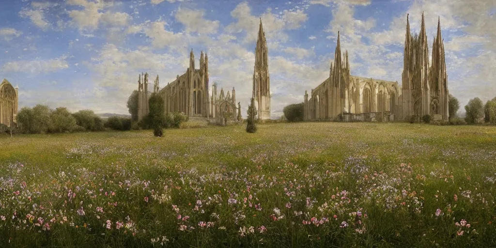 Image similar to a cathedral made of marble within a wildflower meadow at dawn, recursion, in the style of alma tadema