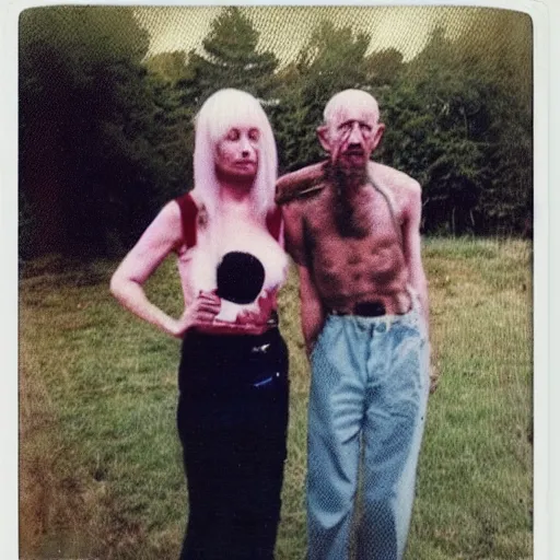 Prompt: found polaroid of weird trash humpers