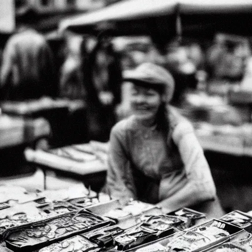 Prompt: greyscale analog photo of a young beautiful woman at a flea market, heavy filmgrain, depth of field