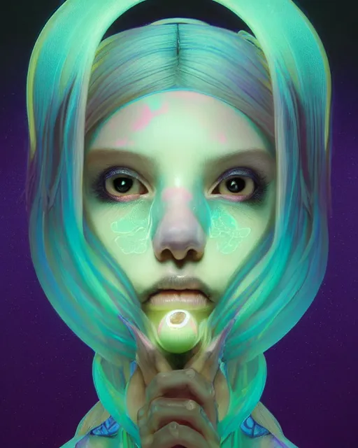 Image similar to an asymmetrical portrait of a bioluminescent patchwork doll, highly detailed, digital painting, cinematic, hyperrealism, dark retrowave, art by stanley lau and artgerm and magali villeneuve and alphonse mucha, artstation, octane render, cgsociety, james jean, victo ngai, david rubin, mike mignola, laurie greasley