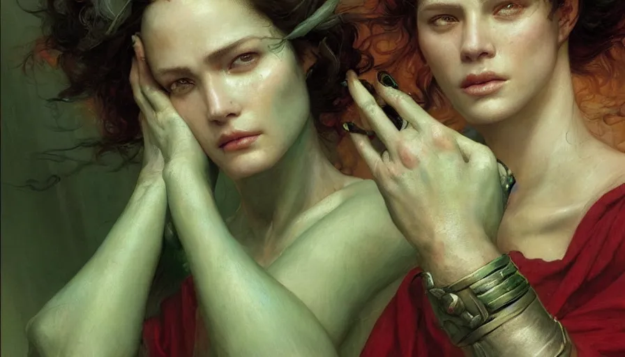 Image similar to epic masterpiece power, drama, sweaty skin, hyperrealistic, octane render, cinematic, beautiful face and flawless skin, perfect hands, 5 fingers, emerald by Edgar Maxence and Ross Tran and Michael Whelan, Legends of Runeterra