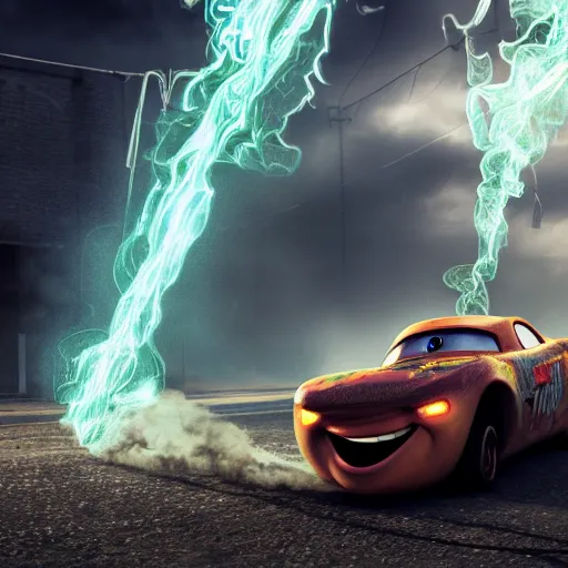 Prompt: tow mater and lightning mcqueen smoke dmt out of tinfoil, ethereal world, 8k, cgsociety, octane rendered