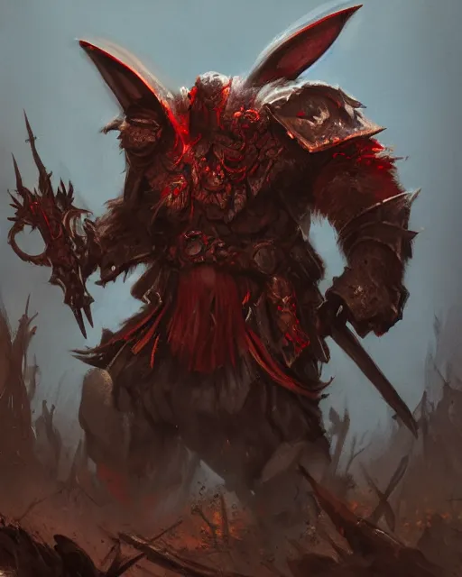 Image similar to Rabbit Berserker, rage, maniac, war paint, red, Khorne, magic the gathering artwork, D&D, fantasy, cinematic lighting, centered, symmetrical, highly detailed, digital painting, artstation, concept art, smooth, sharp focus, illustration, volumetric lighting, epic Composition, 8k, art by Akihiko Yoshida and Greg Rutkowski and Craig Mullins, oil painting, cgsociety