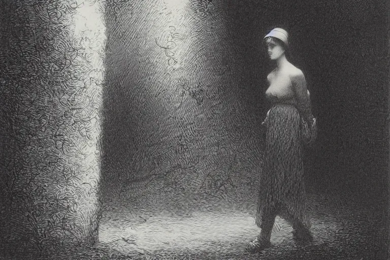 Image similar to black and white, young french woman in the night park, Gustave Dore lithography