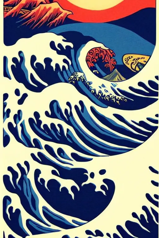 Image similar to Shepard Fairey Poster of The Great Wave off Kanagawa, Moon in the background, fine art photography