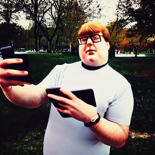 Image similar to modern color fine details iphone 1 2 pro selfie photograph of peter griffin taking a selfie in a park on an iphone 1 2 pro, peter griffin, modern hd cell phone photograph in color, instagram