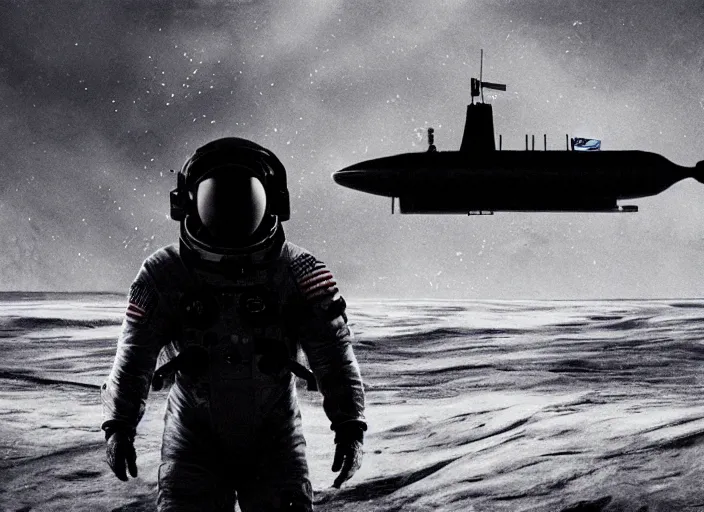 Image similar to astronaut holding a flag in an underwater desert. a submarine is visible in the distance. dark, concept art, cinematic, dramatic, atmospheric, 8 k, trending on artstation, blue, fish, low visibility, light rays, extremely coherent, bubbles, fog, ocean floor, christopher nolan, interstellar