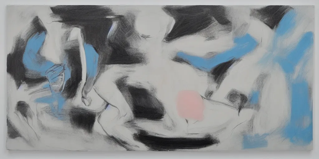 Prompt: black white painting by de kooning on white canvas, soft blue and pink tints, thin black lines, detailed martha jungwirth drawing sketch, painted by yves tanguy, informal, oil on canvas, thick impasto