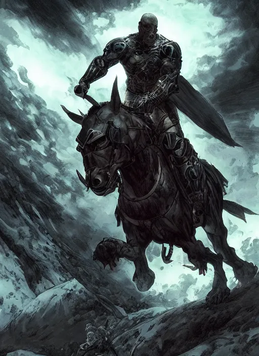 Prompt: bald grey bearded ethan van sciver riding a dark horse into battle, full view, beautiful zoomed out artwork by artgerm and rutkowski, breathtaking, beautifully lit, dramatic, full view