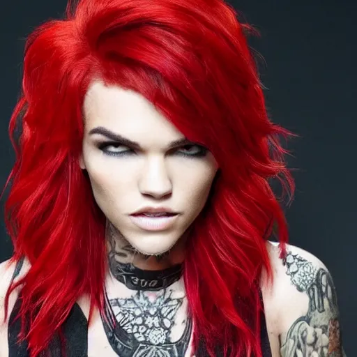 Prompt: Ruby Rose with spiky red hair and copper eyes