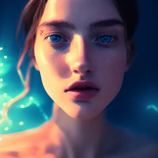 Image similar to portrait art of female angel, art by alessio albi 8 k ultra realistic, angel wings, lens flare, atmosphere, glow, detailed, intricate, full of colour, led lighting, trending on artstation, 4 k, hyperrealistic, focused, extreme details, unreal engine 5, masterpiece