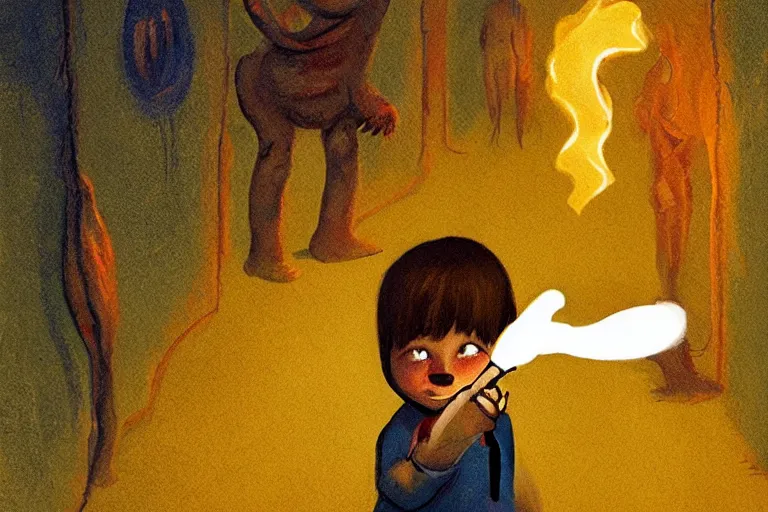 Image similar to art of a small child carefully holding a torch through a hallway filled with nightmarish monsters