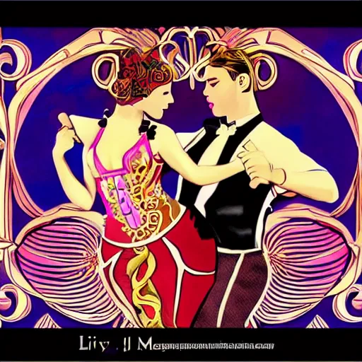 Image similar to latin male and female dance band in the style of art nouveau. lively. colorful. hd.